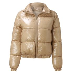 Bright Metallic Short Women's Cotton-padded Jacket (Option: Khaki-XXL)