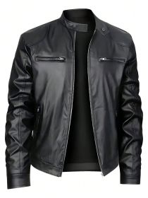 Men's Stand-up Collar Leather Jacket Business Casual Jacket (Option: Black-L)