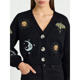 New Women's Embroidery Button Knitted Cardigan Sweater With Sun And Moon Pattern Lantern Sleeves V-neck Cardigan Top (Option: S)