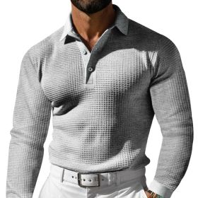 Lapel Button Long Sleeve Vacation Casual T-shirt (Option: Light Gray-M)