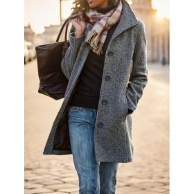 Women's Casual Tweed Coat - Solid Color Mid-Length H-Silhouette Button Front Long Sleeve (Option: Grey-3XL)
