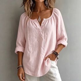 Casual V-neck Long-sleeve Pullover Womens T-shirt In Solid Colors And Multiple Shades (Option: Pink-S)