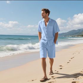 Linen Leisure Breathable Short Sleeve Shirt Beach Suit (Option: Light Blue-XXXL)