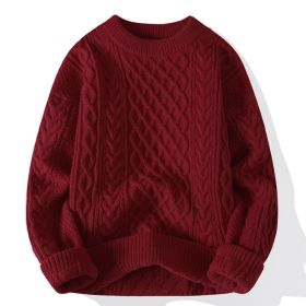Autumn And Winter New Men's Twist Sweater Casual Round Neck Pullover Top (Option: Winered round neck-XL)