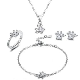 New Cat Bear Dog Paw Ring for Women Jewelry Sets (Option: Sliver white set)