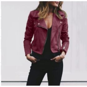 Lapel And Diagonal Zipper Short Women's Clothing (Option: Wine Red-3XL)