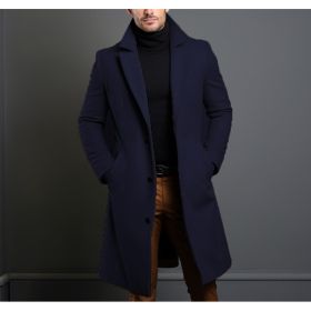 Men's Mid-length Trench Coat Fall Winter Slim Pockets Single-breasted Collar Jacket  Casual Business Comfortable Overcoat Clothing (Option: Navy Blue-L)