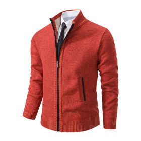 Men's Solid Color Stand Collar Cardigan Sweaters Coat (Option: Orange Red-XL)