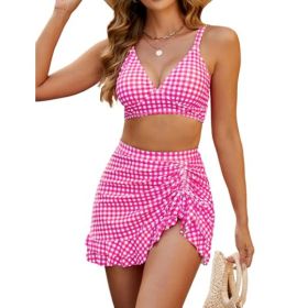 Split Bikini Cover Belly Slimming Swimsuit Suit (Option: Pink and white grid-S)