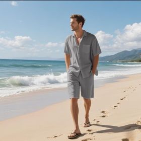 Linen Leisure Breathable Short Sleeve Shirt Beach Suit (Option: Gray-L)