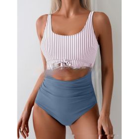 One-piece Female Stitching Contrast Color Strap Covered Belly Swimsuit (Option: Stripes Gray And Blue-XXL)