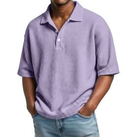 Men's Summer Basic Style Waffle Pattern Button Collar POLO Shirt Short Sleeve New Top (Option: Purple-L)