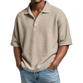 Men's Summer Basic Style Waffle Pattern Button Collar POLO Shirt Short Sleeve New Top (Option: Apricot-M)