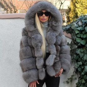 Women's Minimalist Hooded Patchwork Fur Grass Jacket (Option: Dark Grey-3XL)