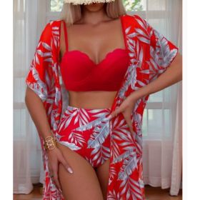 Women's Maple Leaf Printed High Waist Mesh Bikini Suit (Option: Red-XL)
