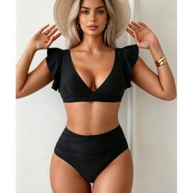 Women's Black Ruffle Sleeve Bikini Set, Plunge V-Neck Top & Ruched High Waist Bottom, 2 Piece Elegant Swimsuit (Option: XL)