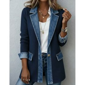 Denim Patchwork Jacket Fashion Commuter Lapel Button-down Long-sleeved Top For Women's Clothing (Option: Navy Blue-L)