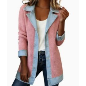 Denim Patchwork Jacket Fashion Commuter Lapel Button-down Long-sleeved Top For Women's Clothing (Option: Pink-L)