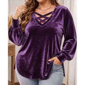 Solid-color Scoop-neck Long-sleeved Sexy Velvet Top (Option: Purple-4XL)