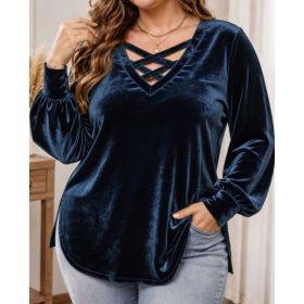 Solid-color Scoop-neck Long-sleeved Sexy Velvet Top (Option: Navy Blue-4XL)