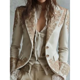 Velvet Pocket Suit With Printed Lapel And Flared Sleeves, Long-sleeved Blazer. (Option: White-M)
