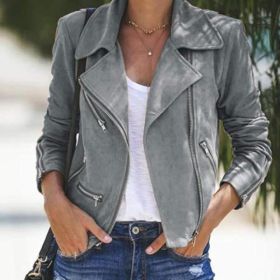 Lapel And Diagonal Zipper Short Women's Clothing (Option: Grey-2XL)