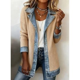 Denim Patchwork Jacket Fashion Commuter Lapel Button-down Long-sleeved Top For Women's Clothing (Option: Apricot-L)