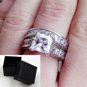 New Style Charm Couple Rings His Her Silver Color Princess Cut CZ Anniversary Promise Wedding Engagement Ring Sets (Option: Silvery With Box-US 7)