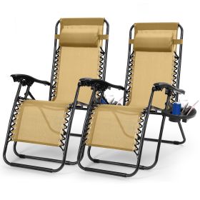 2Packs Zero Gravity Lounge Chair With Dual Side Tray Stress Relief Pillow 330lbs Max Load Per Chair Foldable For Patio Poolside Beach Fedex Shipp (Option: beige)