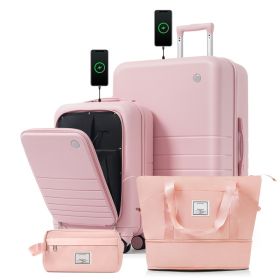 4-Piece Luggage Set with USB Charging Ports - 20in Carry-On (Front-Opening for Laptop) 28in Checked Suitcase with TSA Lock Travel Duffel Bag Wet-Dry T (Option: pink)