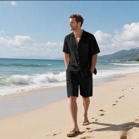 Linen Leisure Breathable Short Sleeve Shirt Beach Suit (Option: Black-L)