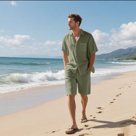 Linen Leisure Breathable Short Sleeve Shirt Beach Suit (Option: Army Green-S)