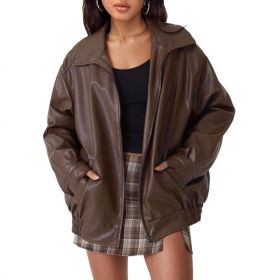 Women's Artificial Leather Plus Size Motorcycle Jacket (Option: Brown-S)