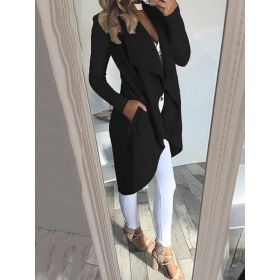 Women's Plus Size Solid Color Polo Collar Slim Fit Long Trench Coat (Option: Black-S)