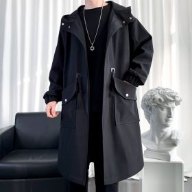 Men's New Windbreaker Long Hooded Big Pocket Jacket (Option: Black-3XL)