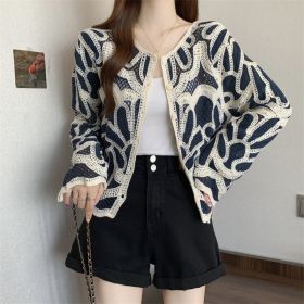 Loose-fitting Long-sleeve Hollow-out Knitted Cardigan Top (Option: Blue-Free Size)