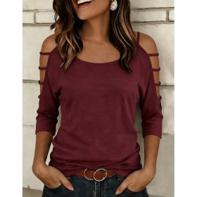 Womens Off-shoulder T-shirt With Five-quarter Sleeves (Option: Wine Red-S)