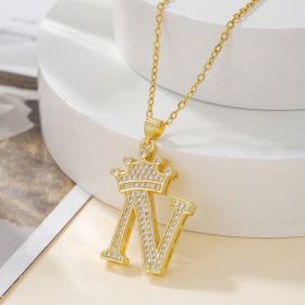 1PCS Fashionable Gold Diamond Crown Uppercase Letter Popular Pendant Necklace Suitable For Daily Use Festivals Parties Gifts Jewelry Set (Option: Gold-N)