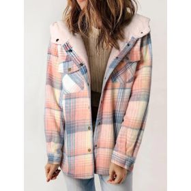 New Women's Fleece-lined Plaid Print Long-sleeved Hooded Jacket With Pockets, Perfect For Autumn And Winter. (Option: XXL)