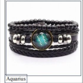Vintage Braided Leather Cord Set Bracelet, Cowhide Hand Cord, Men's Leather Bracelet (Option: Aquarius)