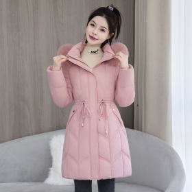 Large Fur Collar Coat Mid-length Thickened Cotton Jacket (Option: Pink-M)