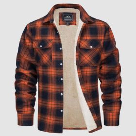 Fleece Lined Men's Jacket Long Sleeve Lapel Plaid (Option: Orange Grid-S)