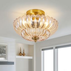 11.8 inch Semi Flush Mount Ceiling Light, 3-Light Close to Ceiling Light Fixtures with Flower Glass, Vintage Ceiling Lights for Hallway Living Room Ki (Option: Amber)