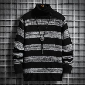 High-neck Men's Autumn And Winter Long-sleeved Trendy Slim Striped Sweater (Option: Black-2XL)