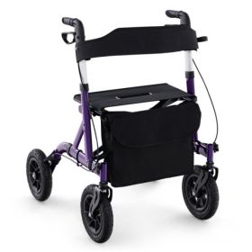 Outdoor Rolling Rollator Walker 9.5inch All-Terrain Wheels, 6-Level Adjustable 32inch-37inch, Foldable, Padded Seat, Storage Bag Umbrella Holder (Option: Purple)