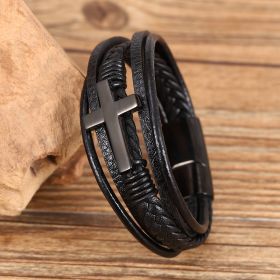 Multi-layer Braided Stainless Steel Cross Men's Bracelet (Option: Black-21.5cm)