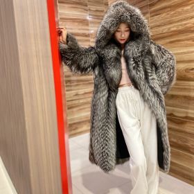 New Autumn And Winter Women's Fur Coat Imitation Fox Fur Long Coat Fashionable Net Celebrity Hooded Coat Winter Windbreaker (Option: Silver fox-M)