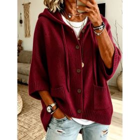 Womens Knitted Hooded Coat With Buttons (Option: Wine Red-S)