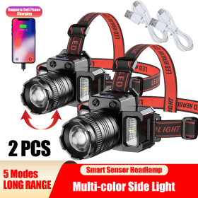 LED Tactical Headlamp Head Torch USB Rechargeable Motion Sensor Headlight Zoomable 5 Modes Emergency Power Bank For Mobile Phone (Option: 2pcs)