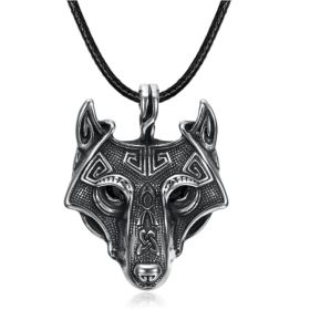Asgard Crafted Norse Grey Wolf Head Pendant Chain (Option: Silver-Rope)